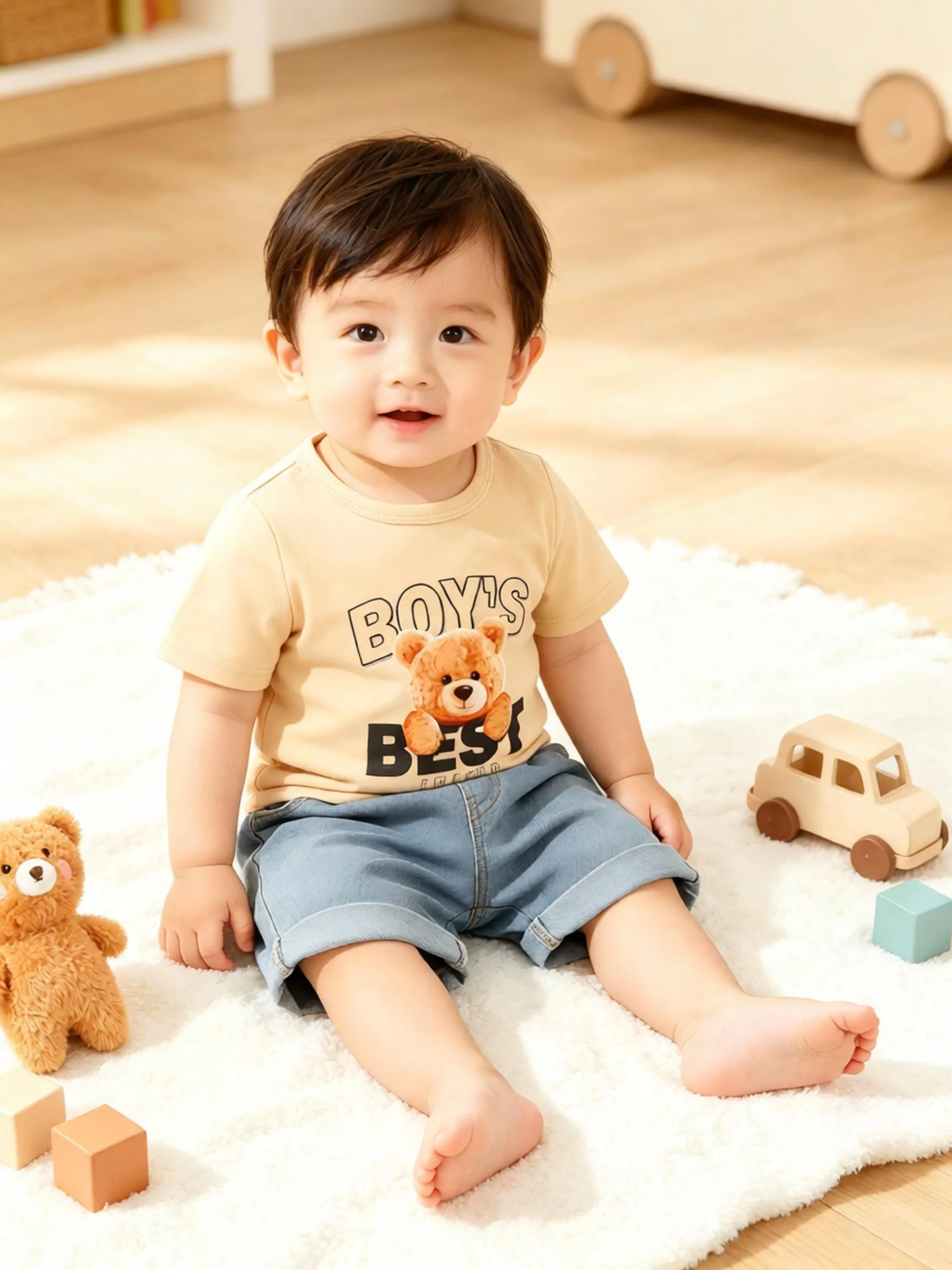 Baby Boys Two-Piece Set Cute Bear Print Khaki Short-Sleeved T-Shirt And Blue Denim Shorts round Neck Casual Outfit for Infants