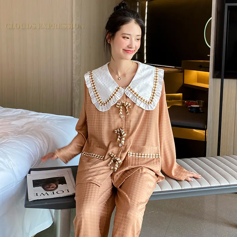 Spring Summer Satin Women's Pajamas Set V Neck Design Luxury Cross Letter Print Sleepwear Silk Like Nightwear Homewear Fashion