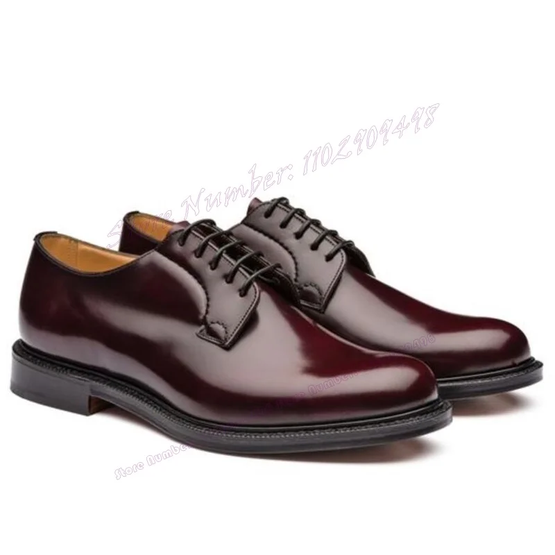 Wine Red Men's Derby Shoes Patent Leather Round Toe Dress Shoes for Men Handmade Business Party Shoes Zapatos Para Hombres