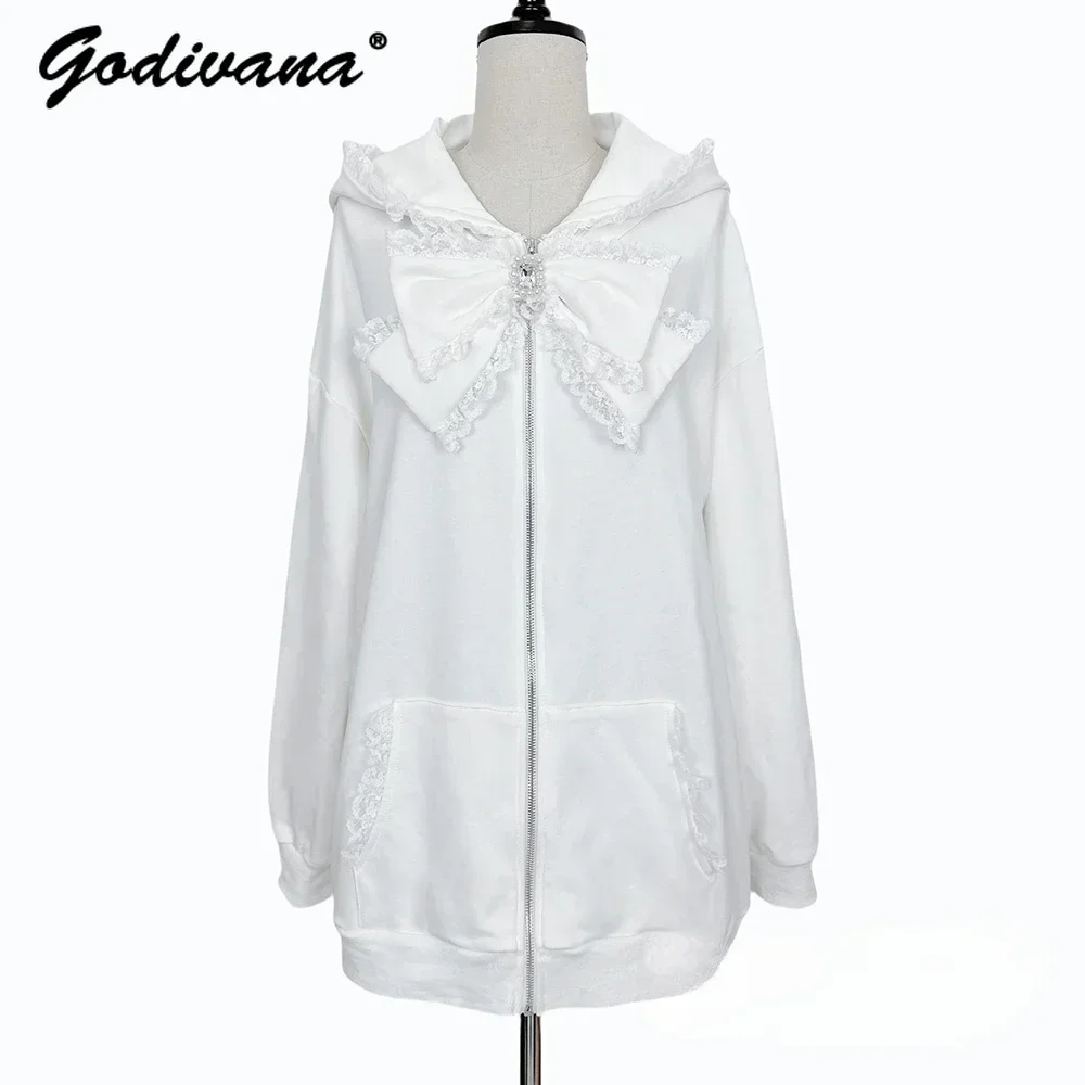 New Autumn Original Lace Cat Ears Hooded Jacket Sweet Rhinestone Bow Long Sleeve Cute Hoodie Coat Lolita Outwear