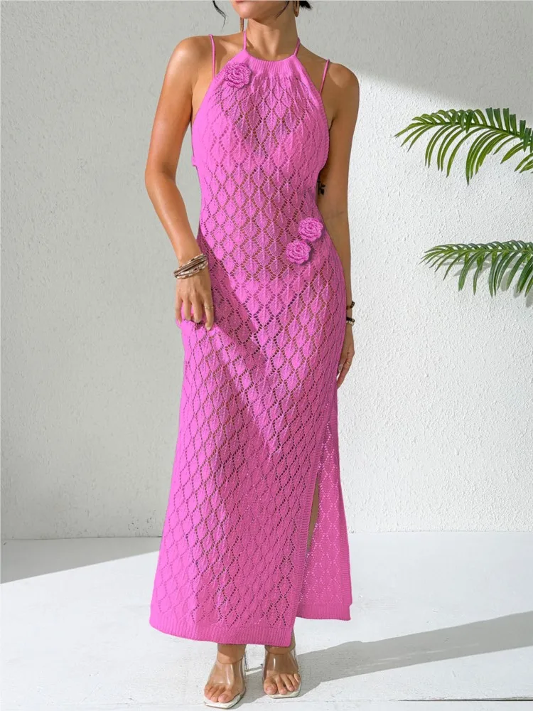 Robe de plage en tricot pour femmes, Sexy, ajourée, col rond, sans manches, Cover-Up pour Bikini, robe de vacances, été, 2026