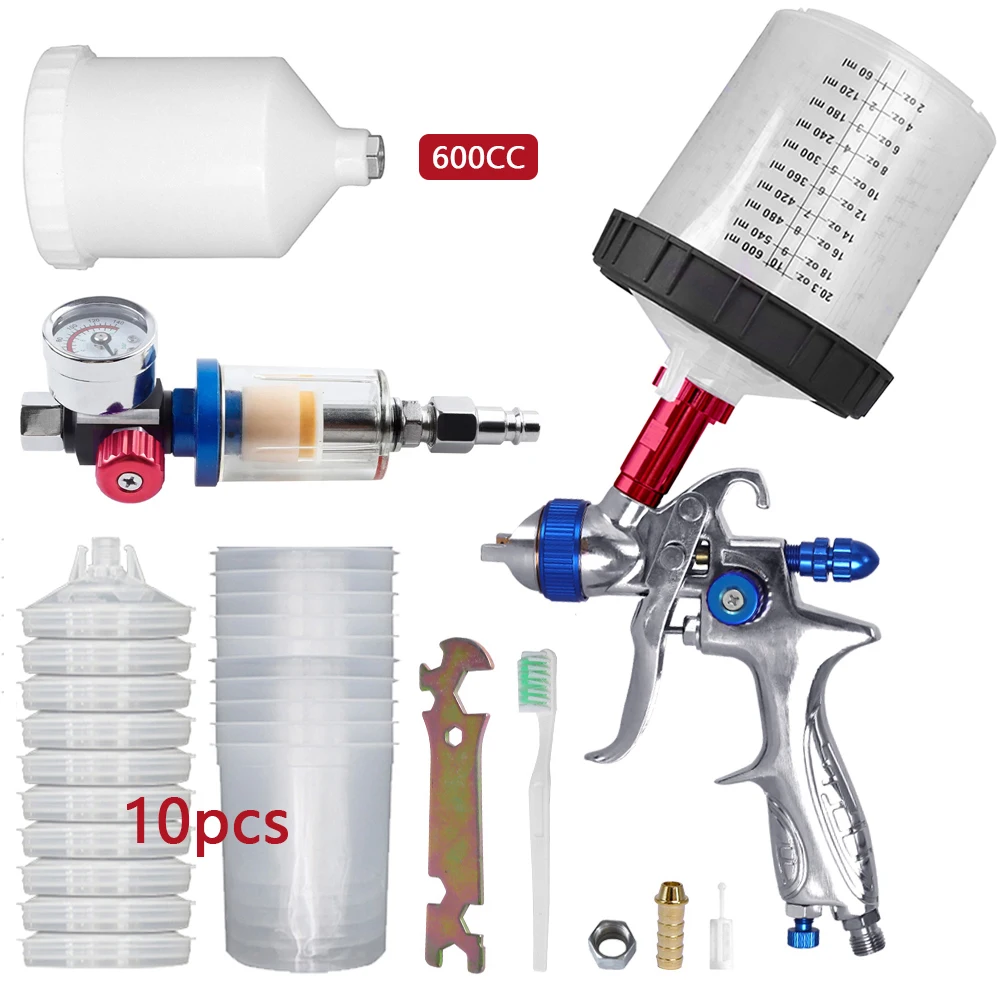 H887 Spray Gun Full Kit HVLP 1.4/1.7mm Car Paint Gun with Adaptor/Air Regulator/10PCS 600cc Paint Mixing Cups For Cars Painting