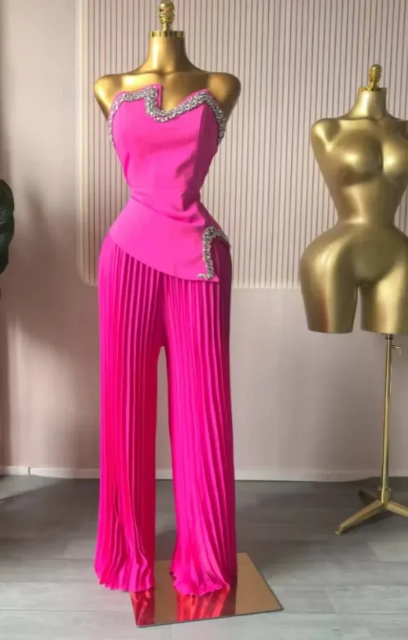 

Women's Rhinestone Crop Top And Pleated Wide Leg Pants Set Diamond Hot 2025 Two-Piece Outfit Tracksuit