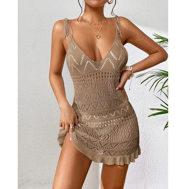 Halter Dress Clothes Women Summer Solid Color Sleeveless Knitted Cover Up Backless Stylish Beach Dresses