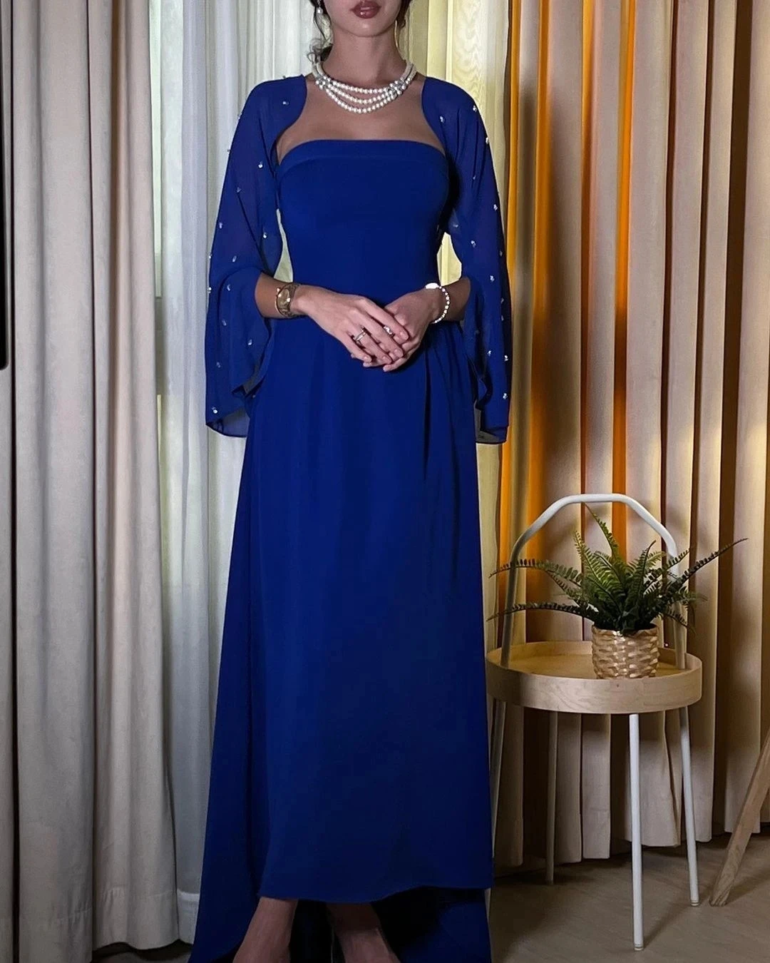 ROYAL BLUE PROM Dresses อย่างเป็นทางการผู้หญิงชุดราตรีลูกปัดแขนยาวเสื้อชีฟองที่กําหนดเอง 2025Robe De Soirée