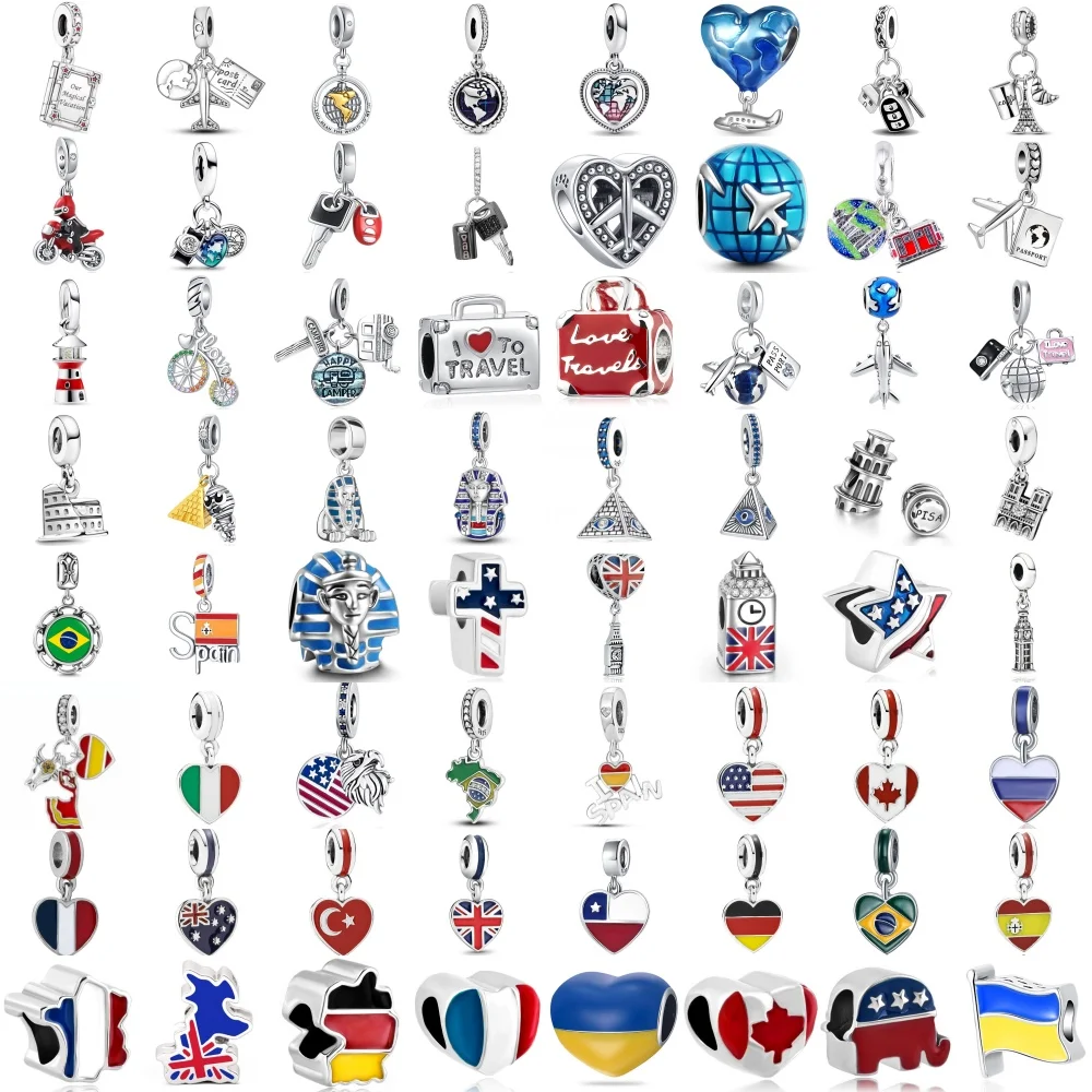 Newest 925 Silver Plated Ukraine Brazil UK Spain Eiffel Tower Flag Travel Sphinx Fit Original Pandora Bracelet Necklace Jewelry