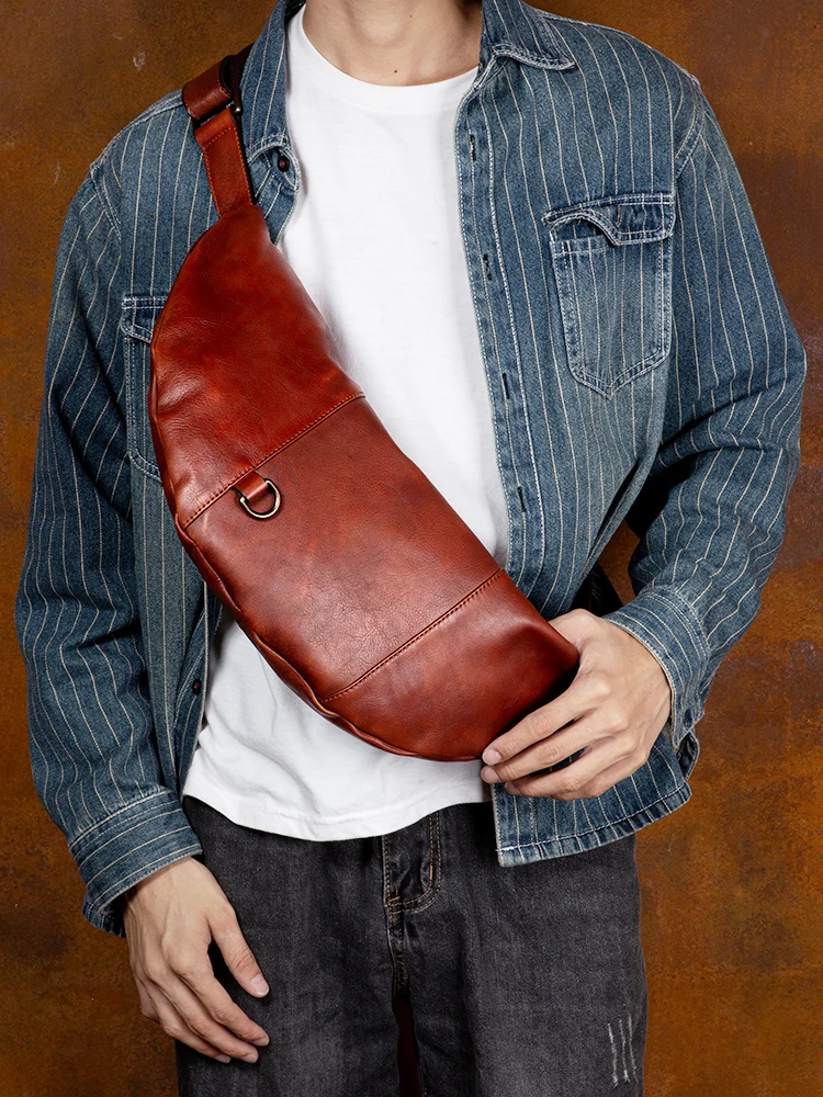 Genuine Leather Chest Bag, Solid Men's Crossbody Bag, Daily Phone Shoulder Bag, Travel Sports Sling Bag, Trend Men Fanny Pack