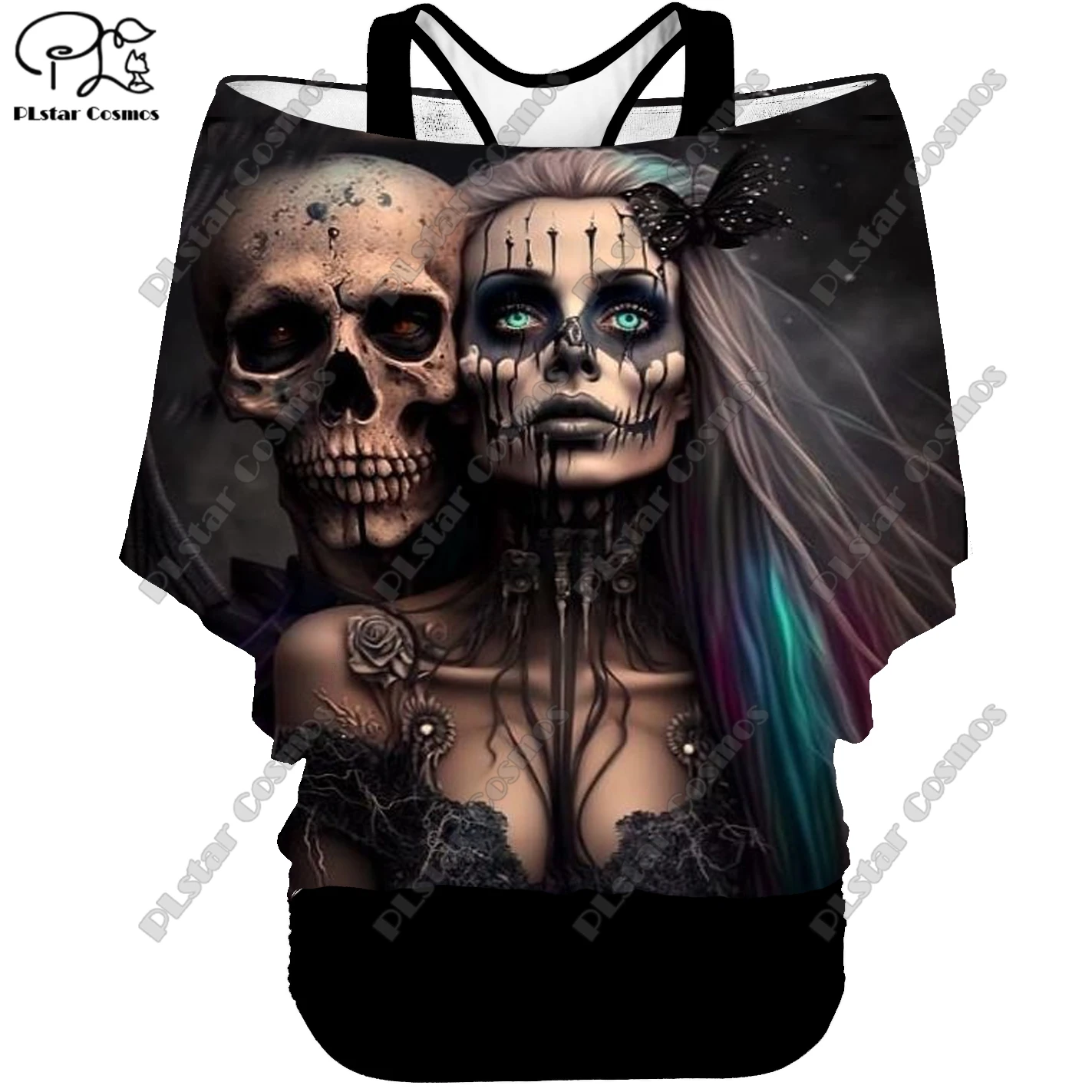 PLstar Cosmos 3D Printed Fake Two-Piece Top Women's Retro Punk Skull Rose Casual T-Shirt Halloween Costume Collection 12