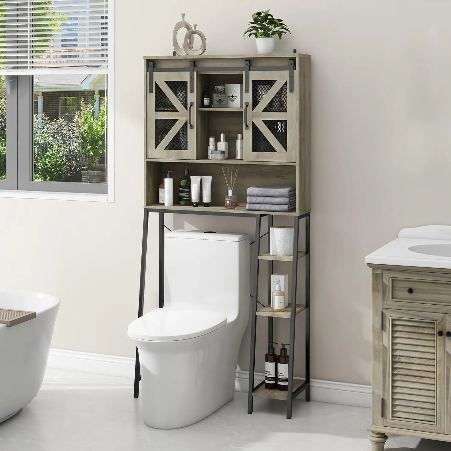 

Over The Toilet Storage Cabinet, Farmhouse Storage Cabinet Over Toilet with Sliding Barn Door，Home Space-Saving Toilet