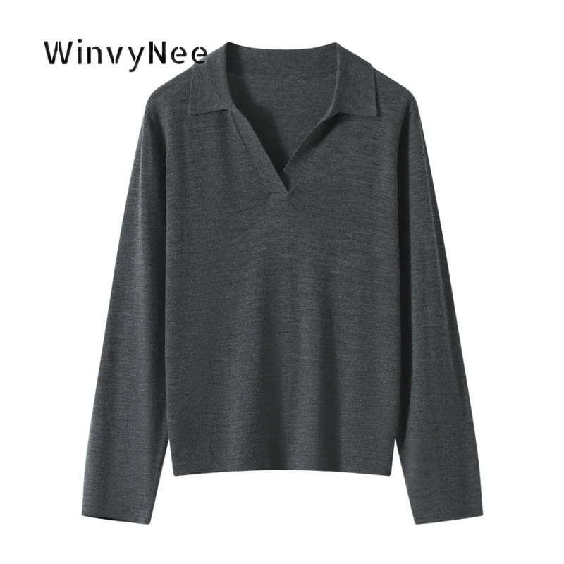 WinvyNee Women Knitted Top Superfine Pure Wool Seagull Collar Long Sleeve Moistfree Chic Trendy Daily Tailored Shapely A1847006A