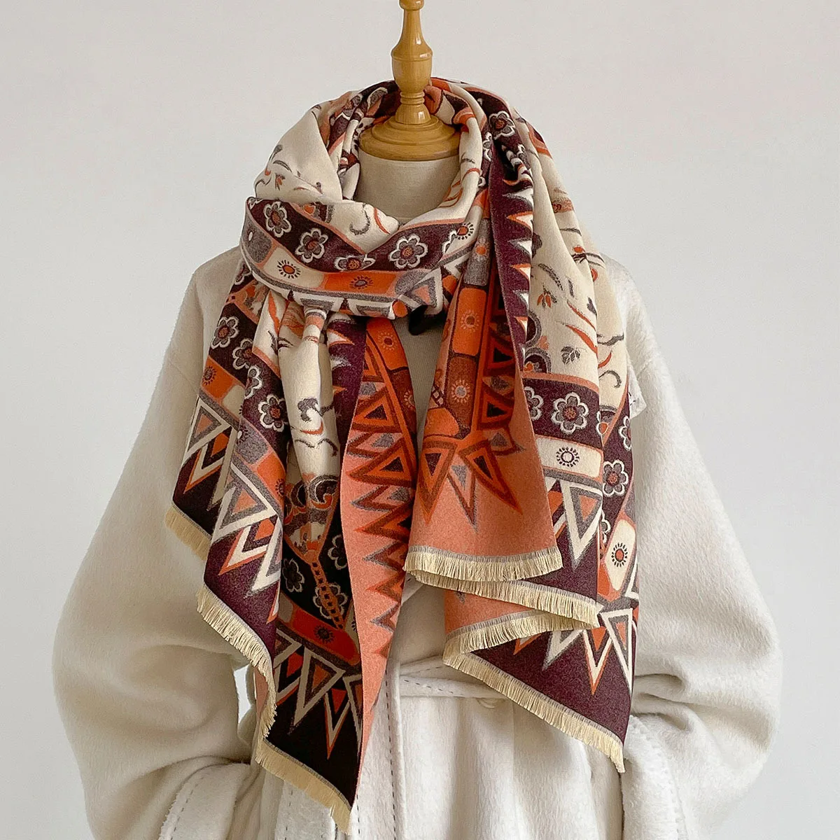 Women Imitation Cashmere Scarf Thick Warm Shawl Fringed Pashmina Reversible Winter Elegant Print Scarf Retro Large Blanket Wrap