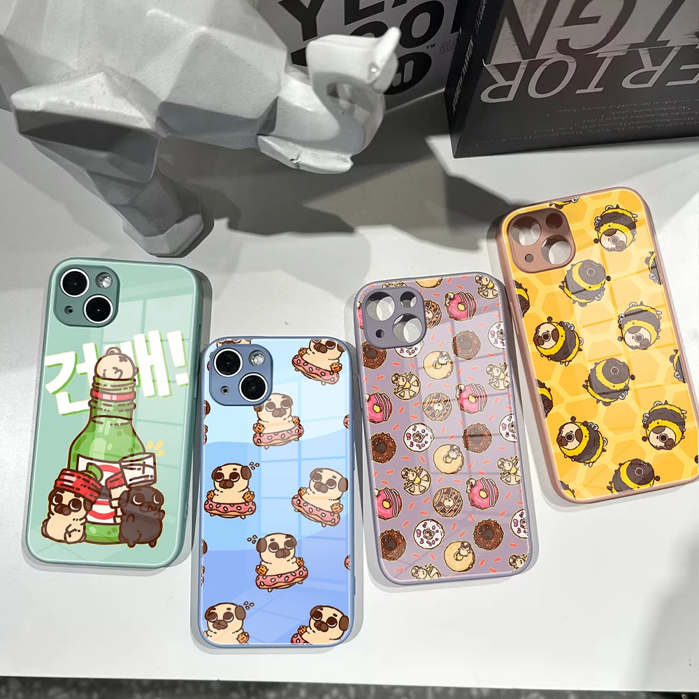 For Iphone 14 INS LOVELY Puglie Pug Dog Cartoon Phone Case Glass 14 13Pro Plus X 13 Pro MAX XR XS MINI Stained Glass Covers