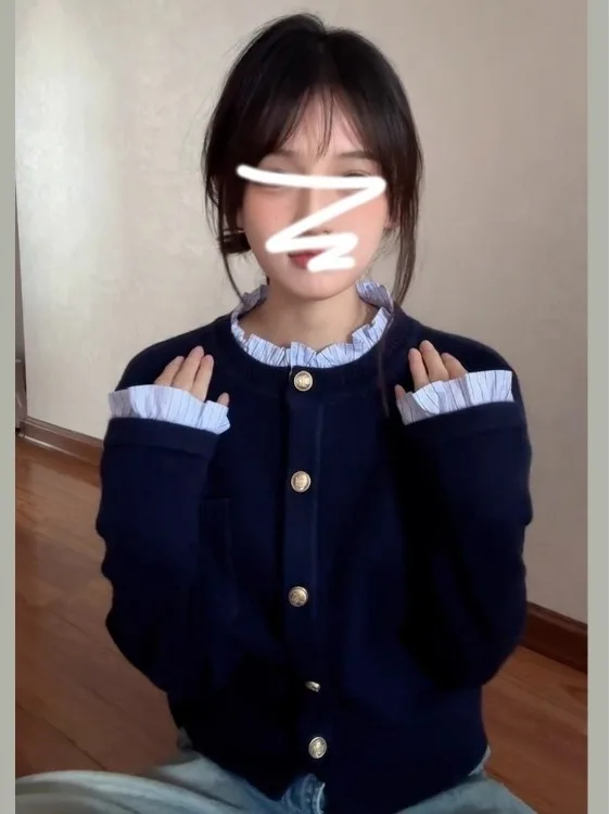Korean Style Fake Two-Piece Knitted Top Shirt Collar Sweater Coat Women's College Style Long Sleeve round Neck Button down