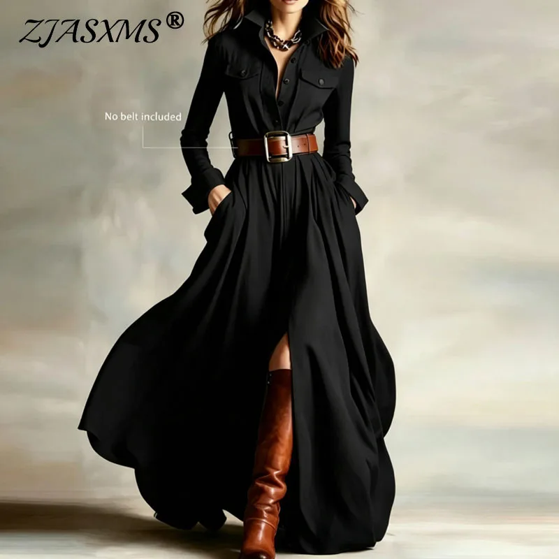 Elegant Lapel Shirt Long Sleeve Maxi Dress Button Pocket Split Flowy Long Dress Women New Fall Solid Casual Daily A-Line Dresses