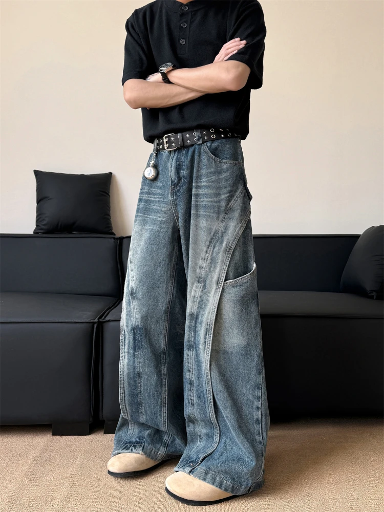 

American Sle Men's Casual Loose Jeans Knife Splicing Design Trendy Brand Deconstructed Wide Leg Workwear Leisure Pants