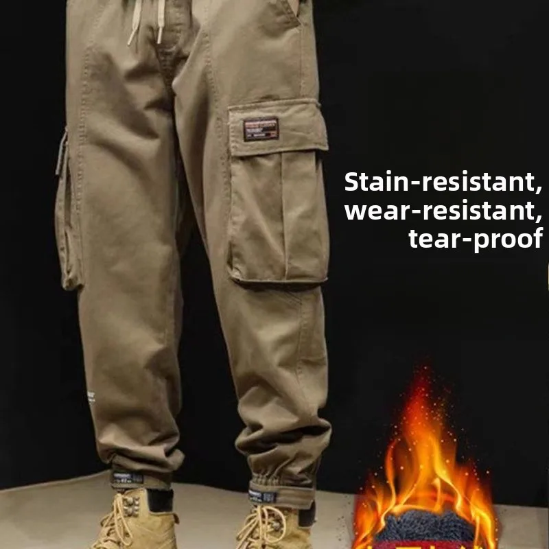 

Outdoor Cam Fce Lined Khaki Work Trousers Men's Autumn Winter Loose Cuffed Durable Workwear Pants Multiple kets