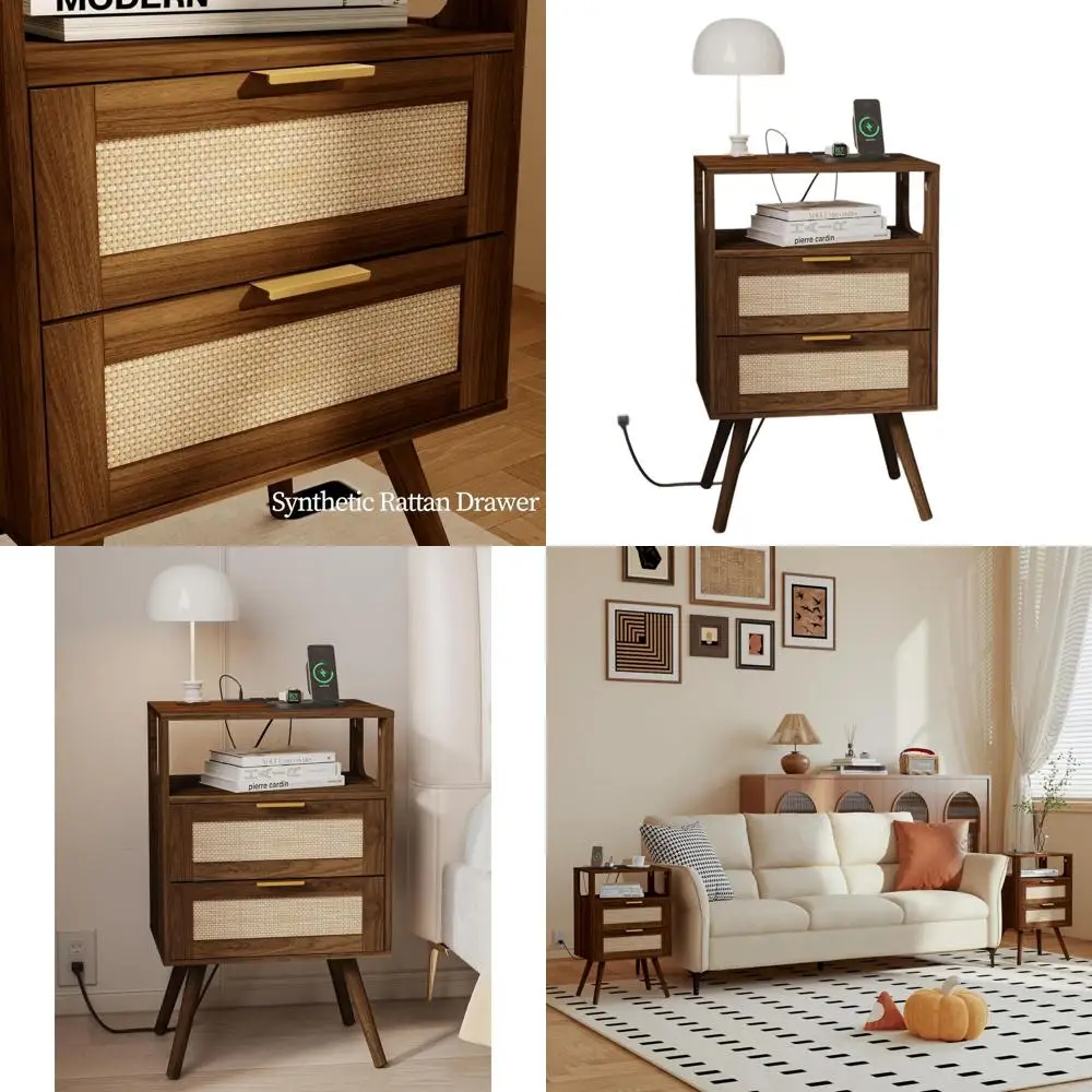 

Прикроватная тумбочка из массива дерева с зарядной станцией и выдвижным ящиком для хранения для спальни