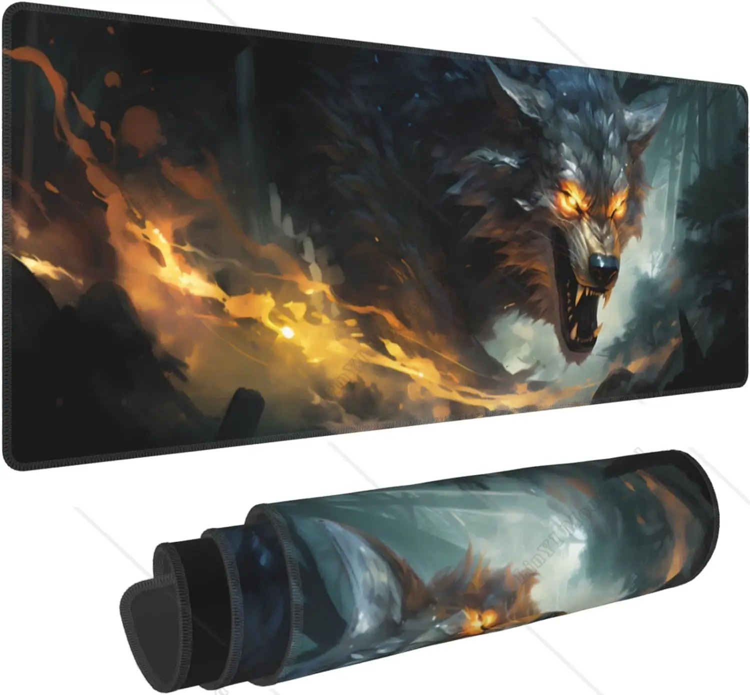 

Ferocious Cool Wolf Large Gaming Mouse Pad with Non-Slip Rubber Base Dark Black Big Desk Protector for Home Office 31.5x11.8 in