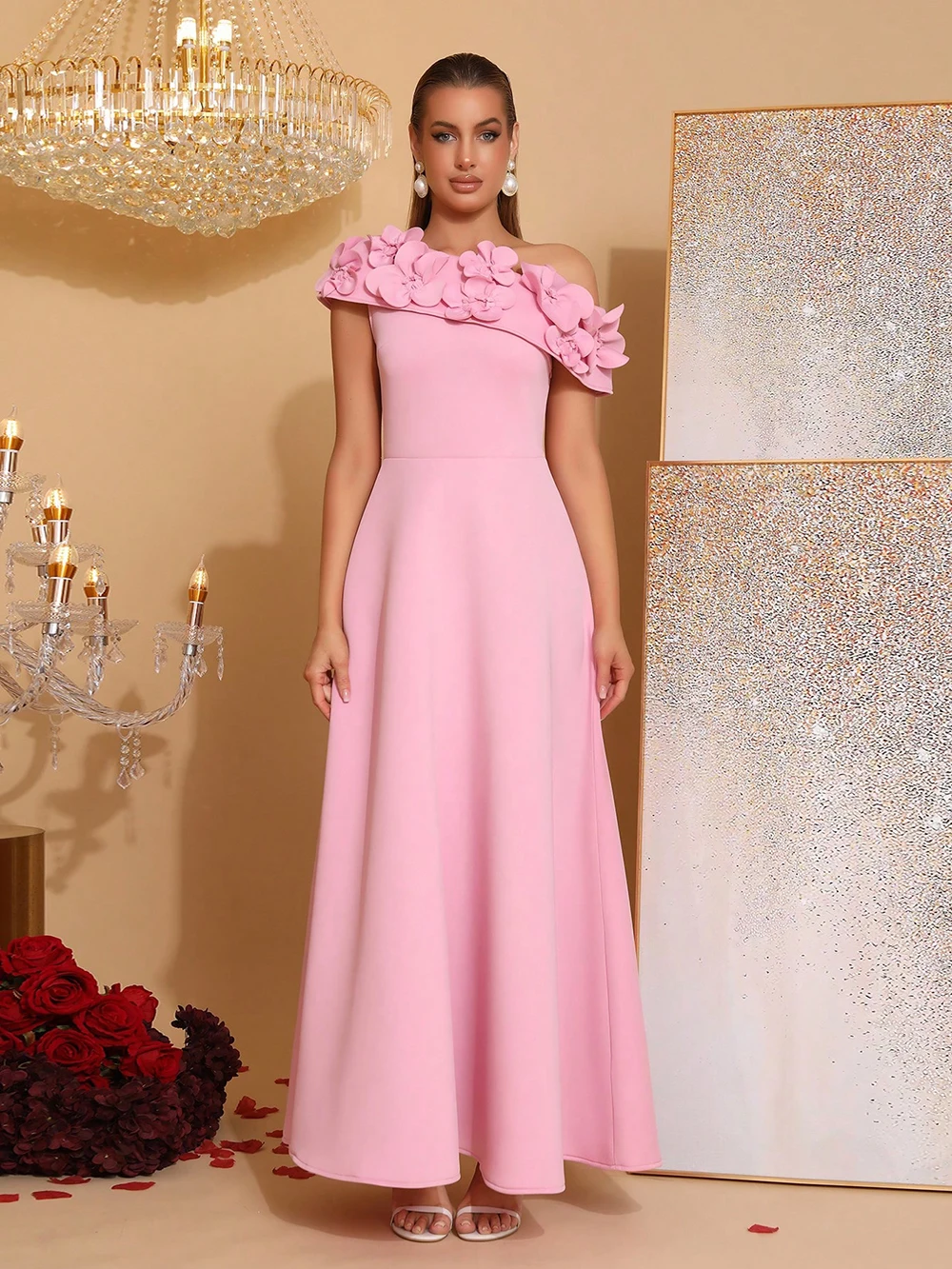 

Modphy розовое платье трапециевидной формы с наклонным воротником и высокой талией, плиссированное длинное платье, женское элегантное тонкое вечернее банкетное платье