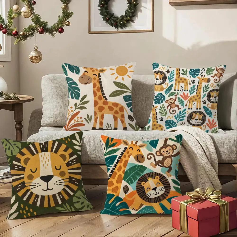 Safari Animal Wall Art Cushion Cover 1/4Pcs Soft Plush Throw Pillow Cover Double-Sided Print Sofa Living Room Decor
