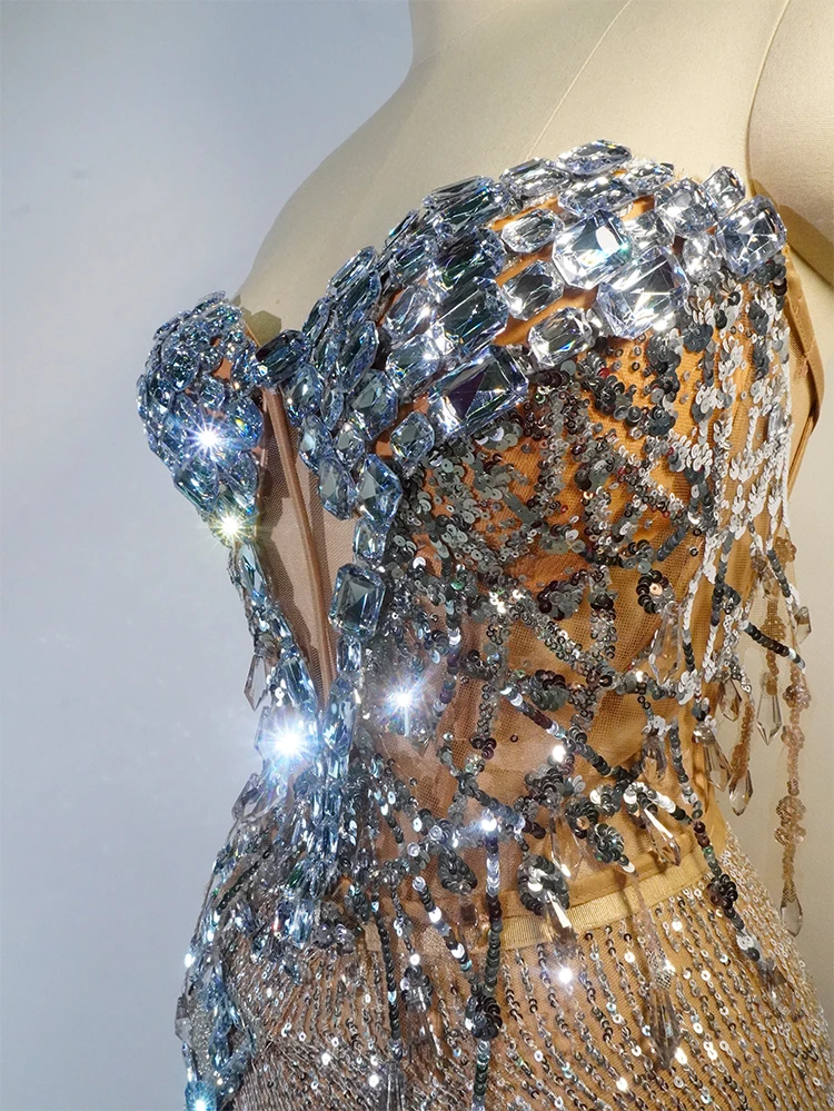 Vestidos de noche exclusivos con diamantes de imitación brillantes, lentejuelas y cuentas, trajes formales para actuación en escenario, trajes de bailarina y cantante