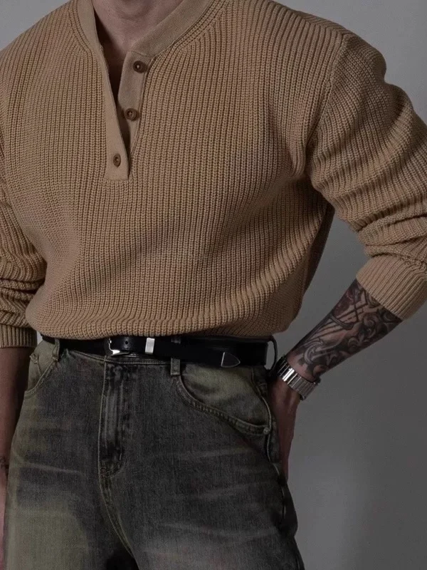 

Американский вязаный свитер с воротником Генри, мужской текстурированный свободный длинный свитер с капюшоном Sve, модный свитер с воротником на пуговицах и двери спереди