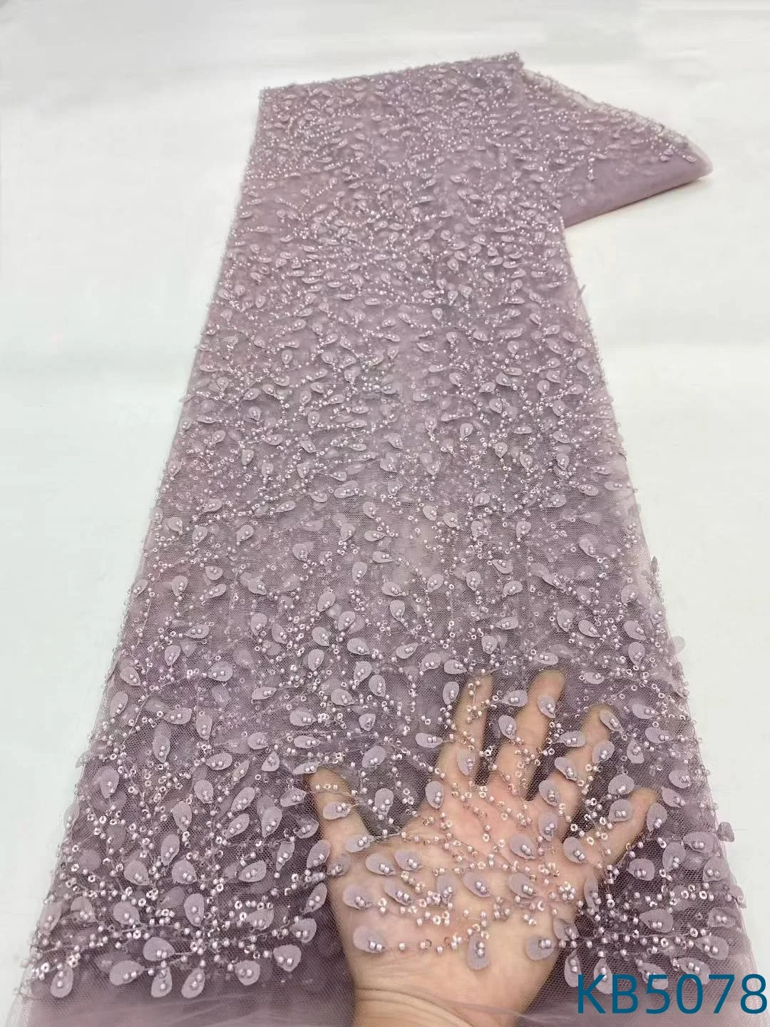 

African 5 Yards White Beaded Sequence Embroidery Fabric Latest Nigerian Lace Fabrics 2025 Purple Lilac Fabric For Sewing KB5078