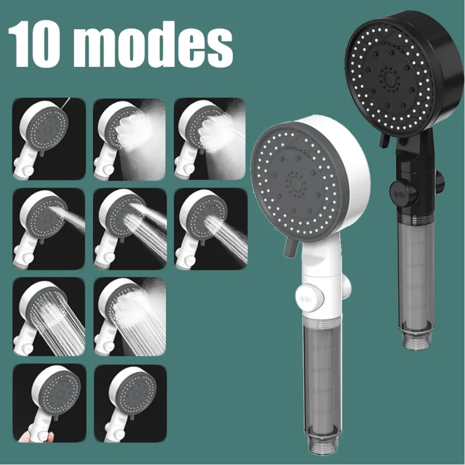 10 Modes Large Flow High Pressure Filtered Shower Head Black One Key Stop Water Rainfall Spray Nozzle Massage Bathroom Shower