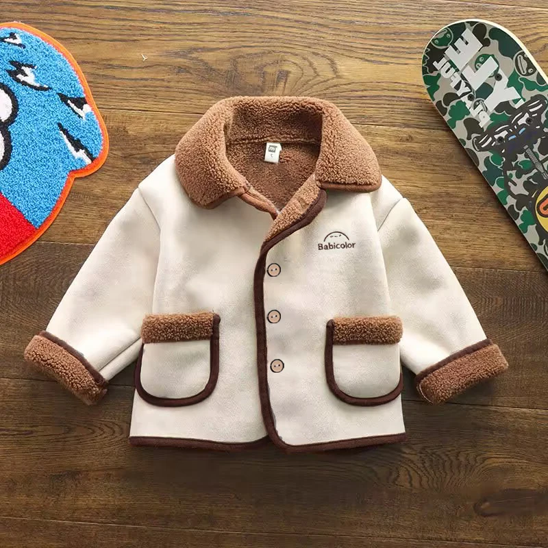 Baby-Jungen- und Mädchen-Wildlederjacke mit Sherpa-Futter, Kinder-Warmmantel mit Revers, einreihig, mit Taschen, Herbst-Winter-Oberbekleidung für Kleinkinder – Detail 1