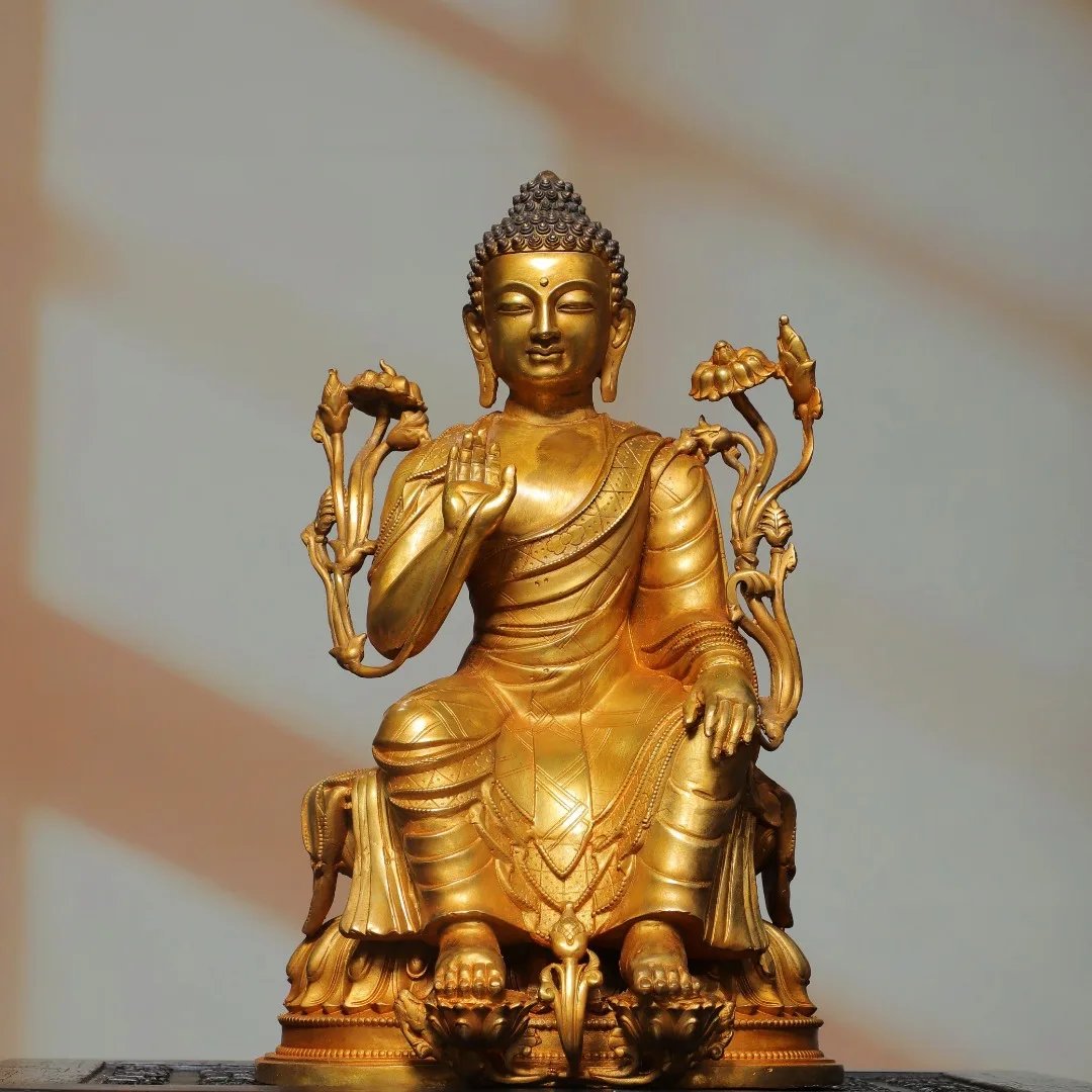 12"Temple Collection Old Bronze Gilded Flower Buddha Terrace Da Ri Tathagata Shakyamuni Sitting Buddha Worship Hall Town house