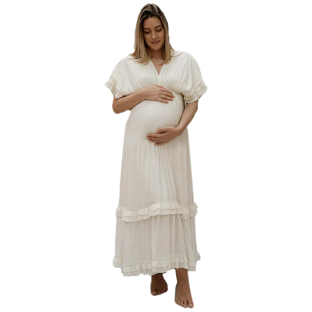 فستان حمل التقطت الصور الأبيض كشكش Ruched بوهو الخامس الرقبة ماكسي كبير سوينغ ثوب الحمل لاستحمام الطفل التقطت الصور