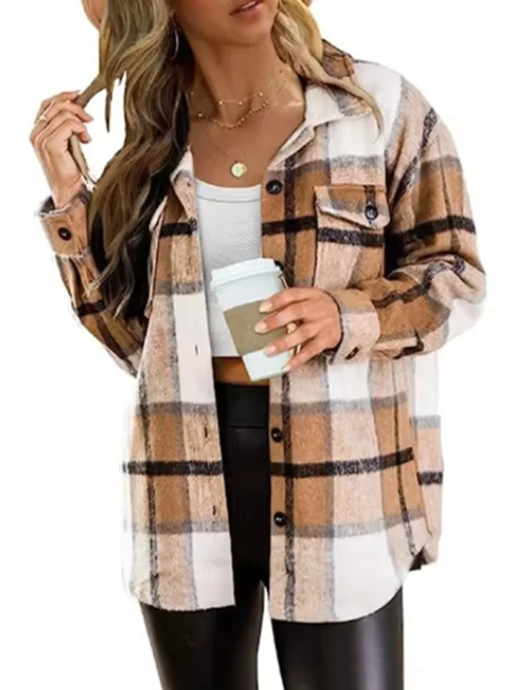 

Checkered Pocket Long Sleeved Lapel Button Women's Jacket Fashionable Street Casual Comfortable Autumn Top