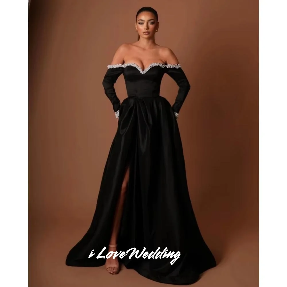 

Черные платья для выпускного вечера с v-образным вырезом 2025 года, с длинными рукавами и открытыми плечами, жемчужное трапециевидное платье с разрезом длиной до пола, плиссированное вечернее платье с открытой спиной на заказ