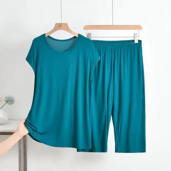 Fdfklak 여성을위한 여름 Pijamas 모달 민소매 얇은 o 넥 풀오버 잠옷 세트 솔리드 컬러 루즈 6XL New Home Suit