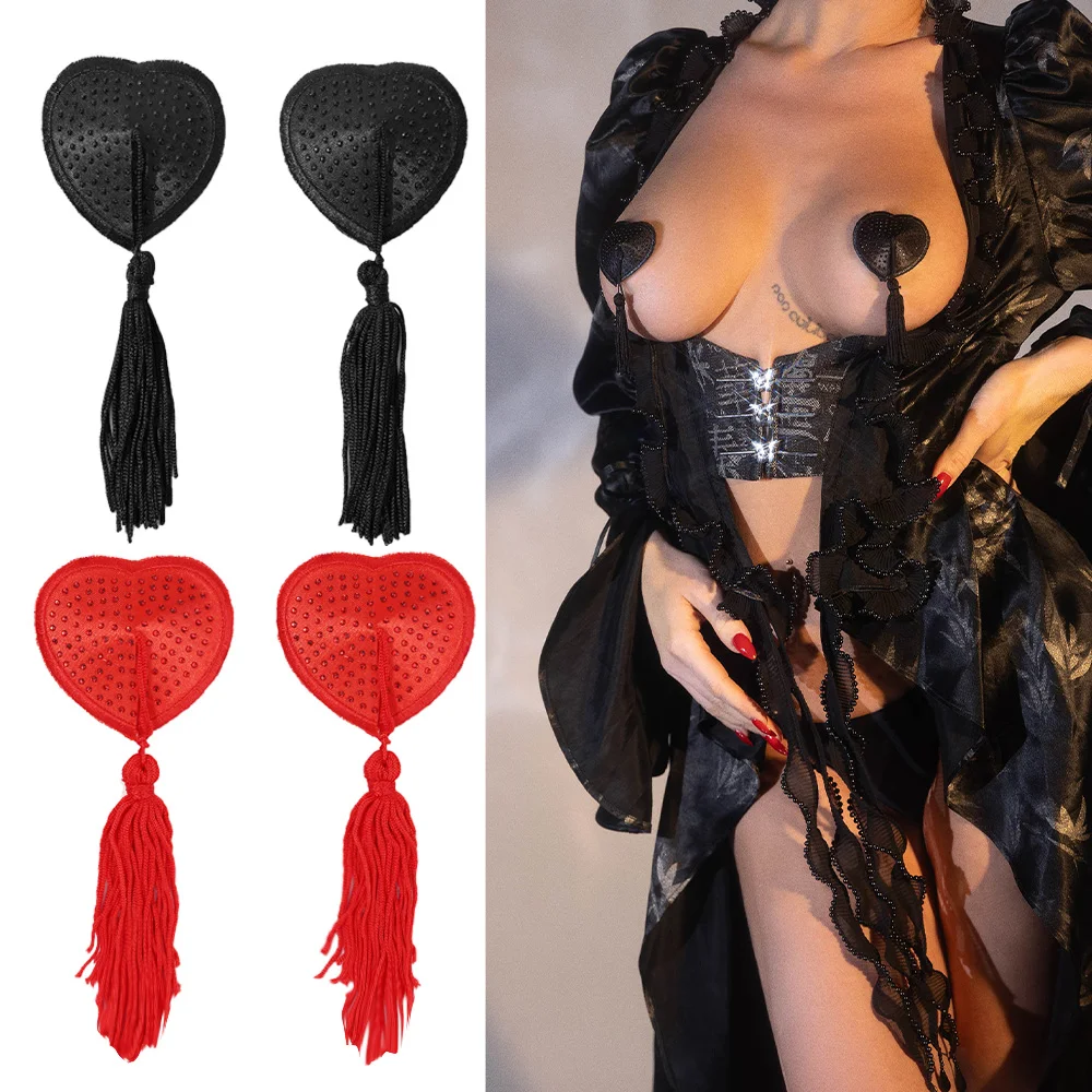 

Sexy Women 1pair Love Heart Nipple Cover Reusable Rhinestone Breast Wear Tassel Silicone Nipple Pasties Bra Pads Chest Stickers