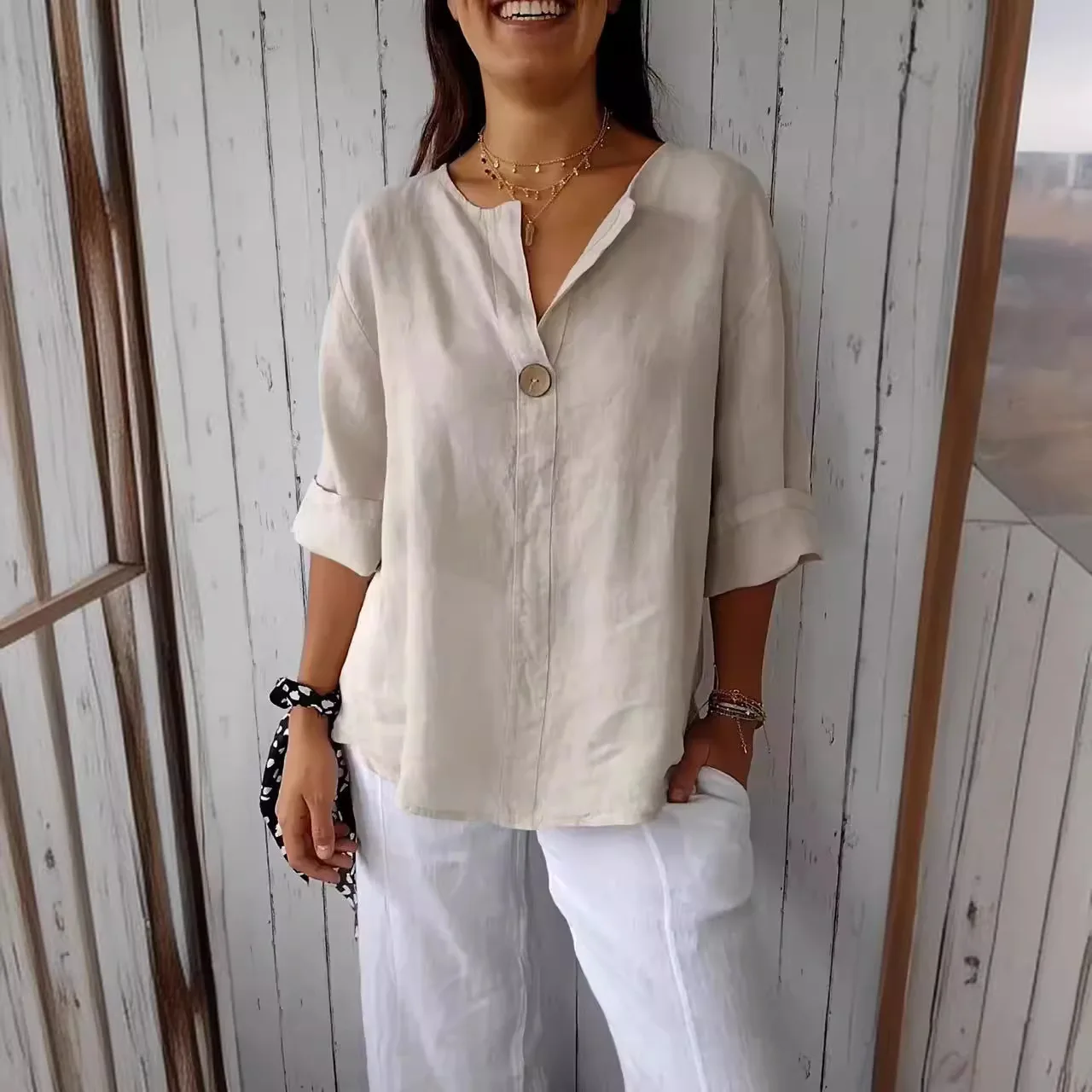 

Summer Women's V-Neck Cotton Linen Button T-Shirt