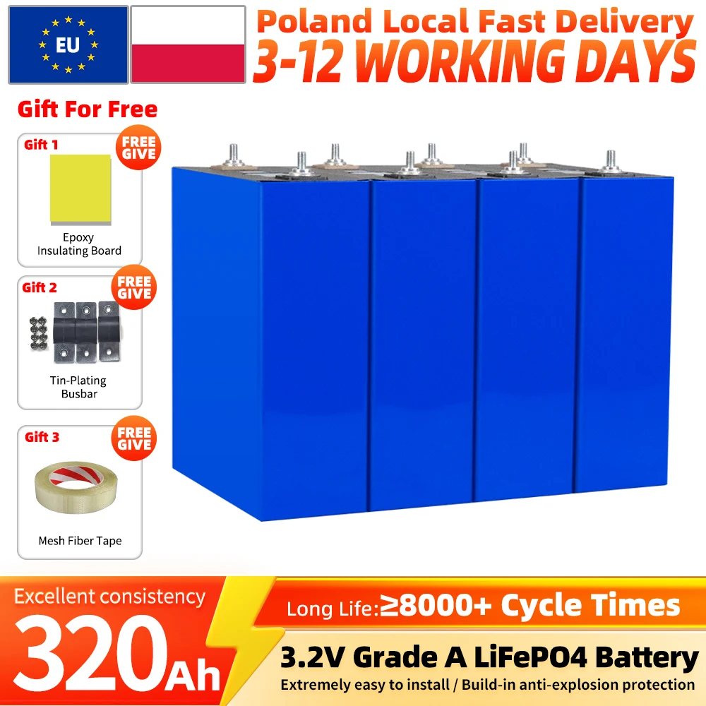 3,2V 320Ah Lifepo4-Batterie 8000 Zyklen Klasse A Wiederaufladbare Lithium-Eisenphosphat-Zellen Prismatische LFP-Batterien DIY 12V 24V 48V Für Wohnmobile, Elektrofahrzeuge, Heimenergiespeicher,