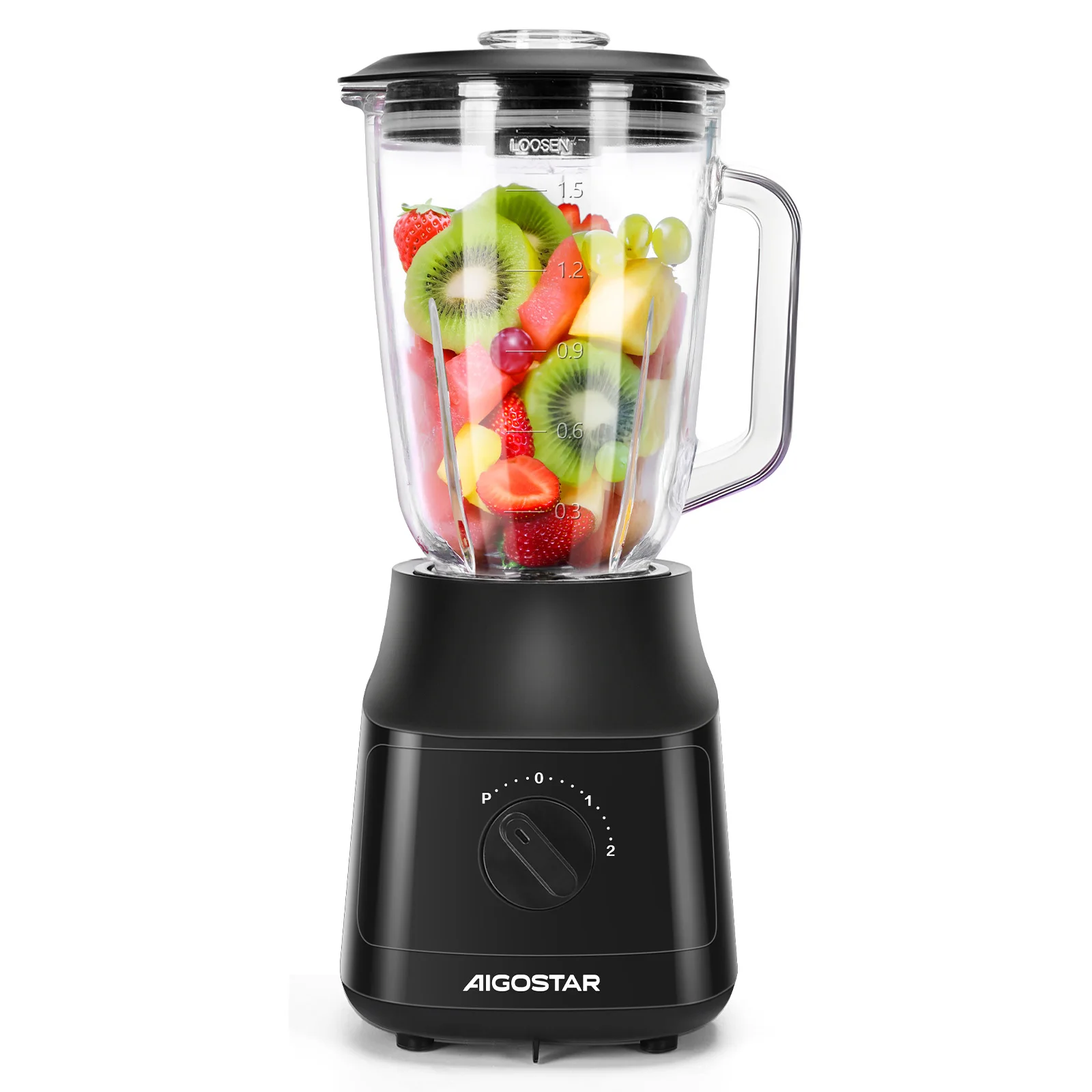 Liquidificador e smoothie Aigostar, jarra de vidro de 1,5 litros, lâminas revestidas de titânio, função de esmagamento de gelo, 2 velocidades + pulso