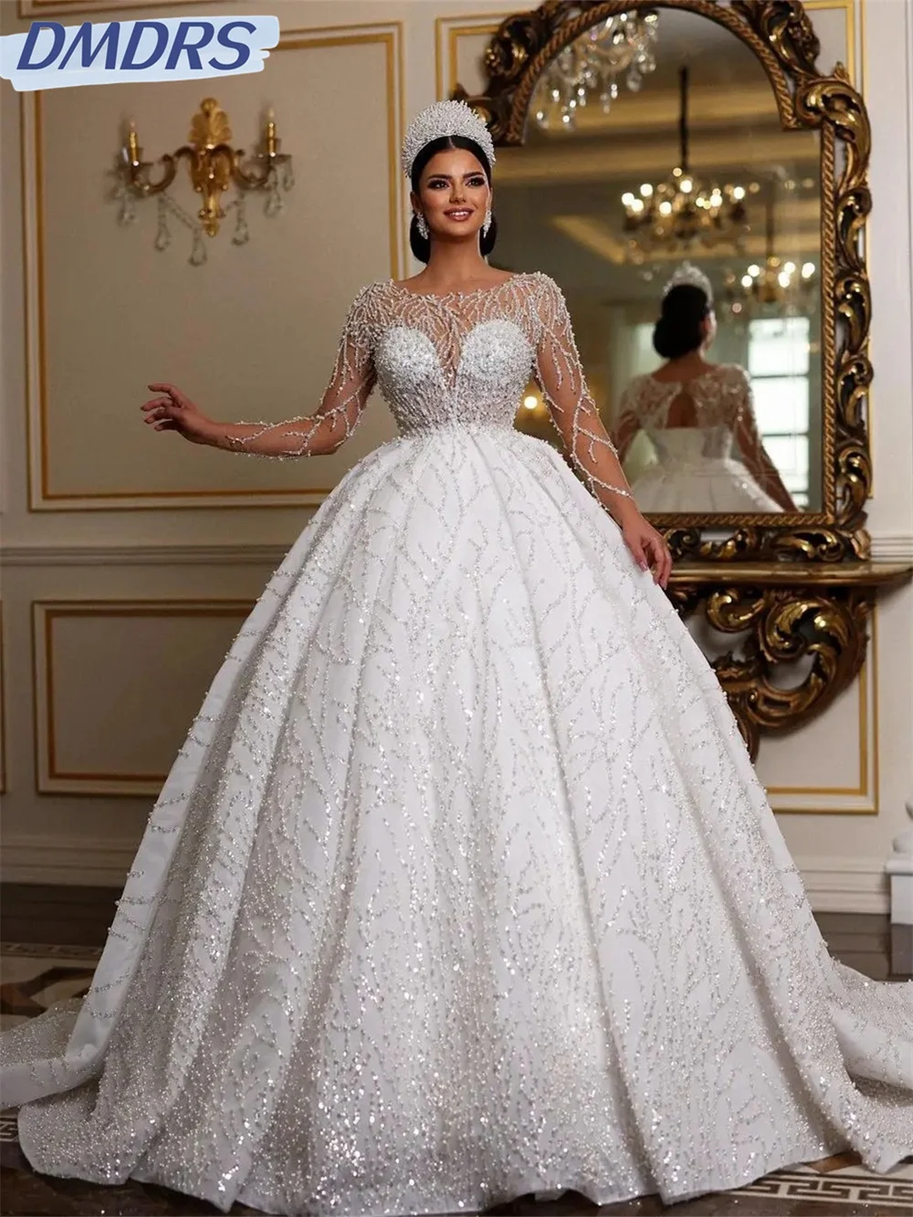 Elegantes langärmliges Brautkleid 2024 luxuriöses Perlen hochzeits kleid romantisches A-Linie boden langes Kleid vestidos de novia