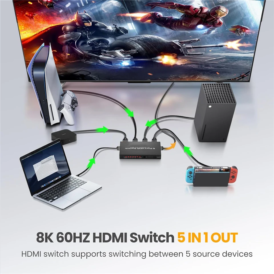 Navceker 8K 5x1 HDMI-переключатель 4K 120 Гц Видеопереключатель ИК-пульт дистанционного управления 5 входов 1 выход HDMI 2.1 Переключатель для Xbox PS5 DVD HDTV PC