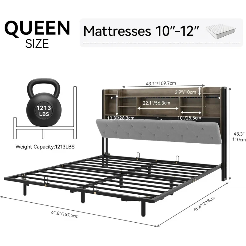 YITE Queen Size Floating Bed Frame,Upholstered Platform Bed with RGB LED Lights,Headboard Storage,and Charging Station,No Bo