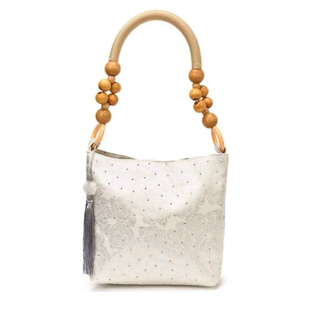 

New Embroidered Jacquard Shoulder Bag Wooden Bead Handle Tassel Decoration Underarm Bag Large Capacity Hasp Sewing Handbag Women