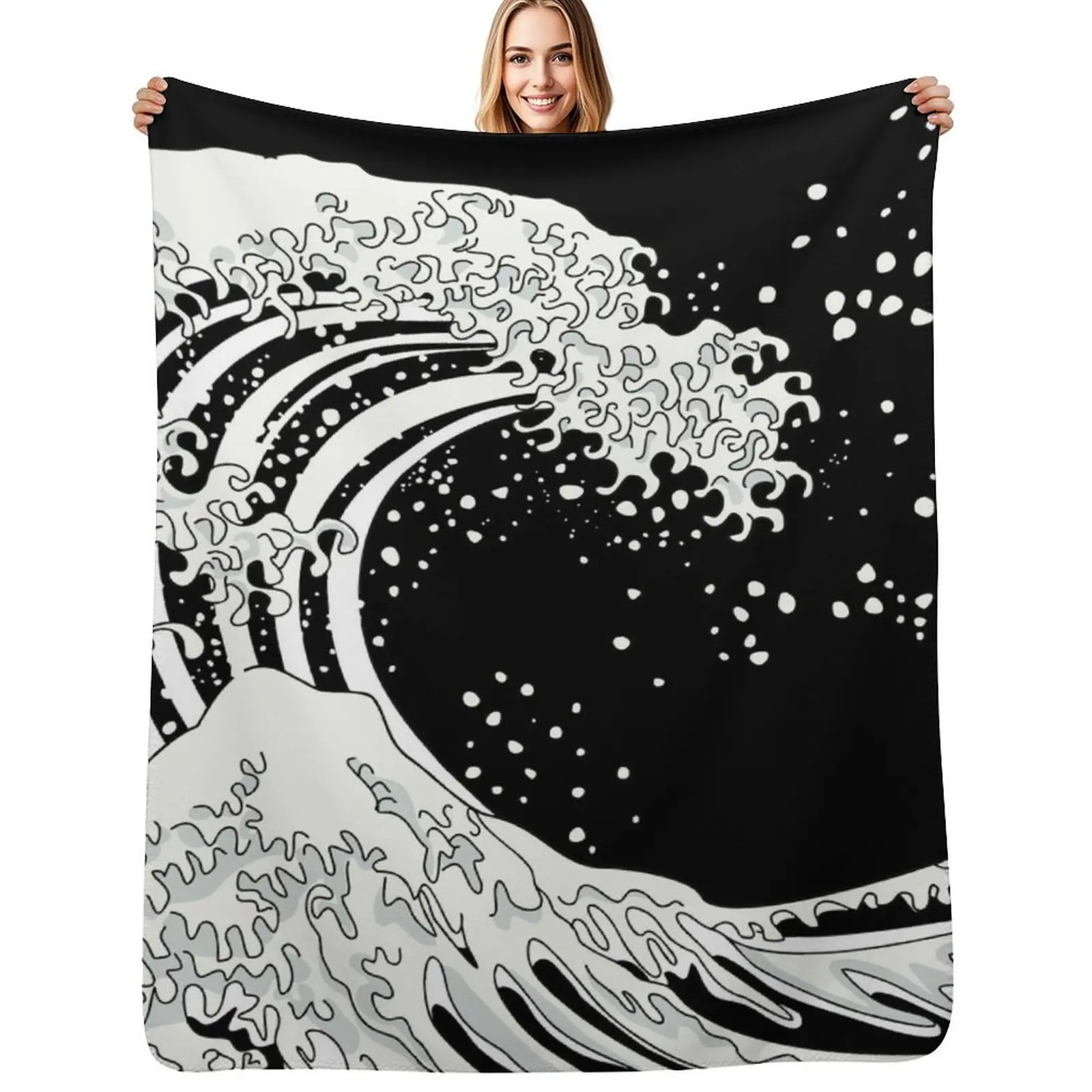 Black and White Great Wave Throw Blanket Soft Breathable Blanket for Night Sleeping