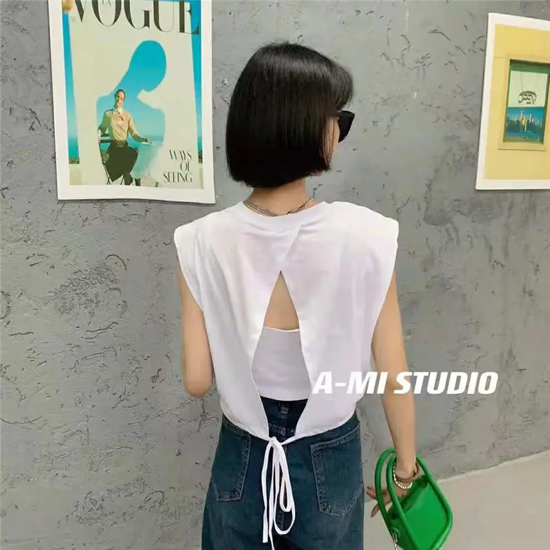 Street Casual Backless Scava fuori Top Estate Nuova manica corta Stampa Lettera Tendenza giovanile T-shirt Moda Abbigliamento donna coreana