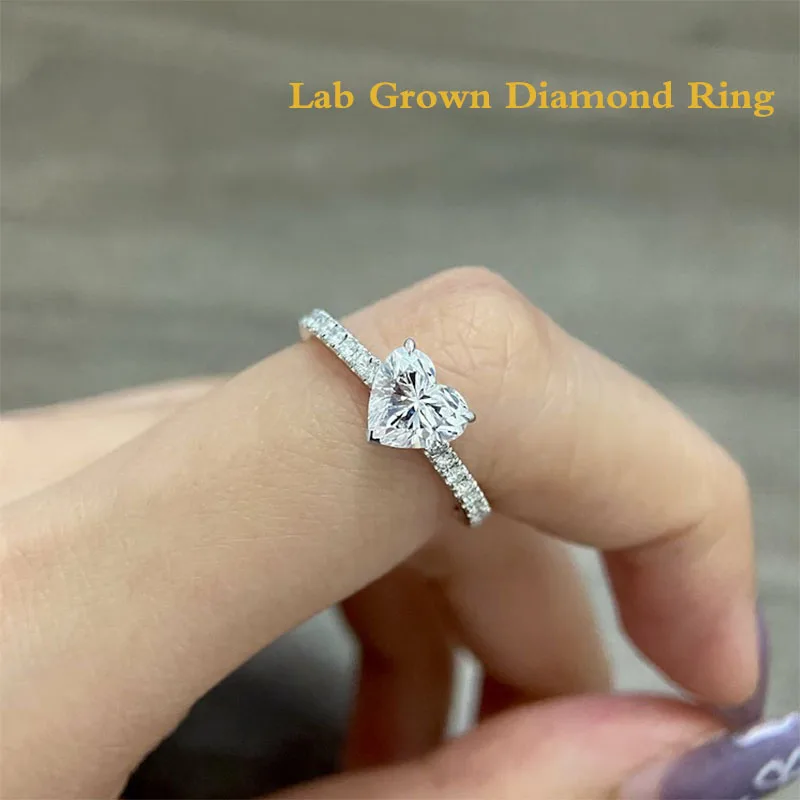 

1 карат в форме сердца CVD HPHT, выращенное в лаборатории бриллиантовое обручальное кольцо-пасьянс, 14-каратное золото/925, белое серебро, женское кольцо