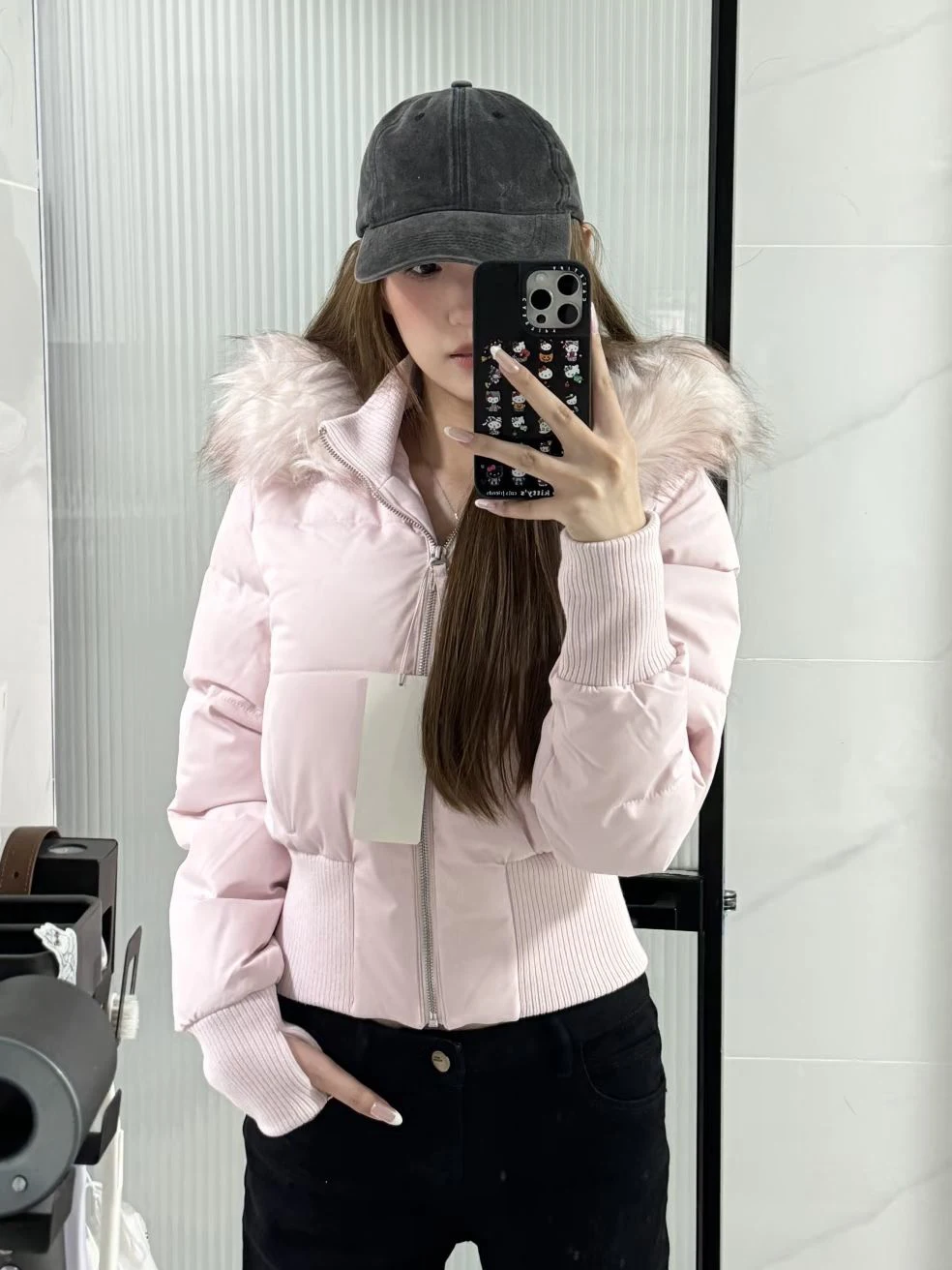 سترة نسائية وردية اللون بسحاب وياقة من الفرو قابلة للفصل وغطاء للرأس من القطن قصير من القطن الأمريكي العتيق سترات شتوية دافئة ضيقة #1