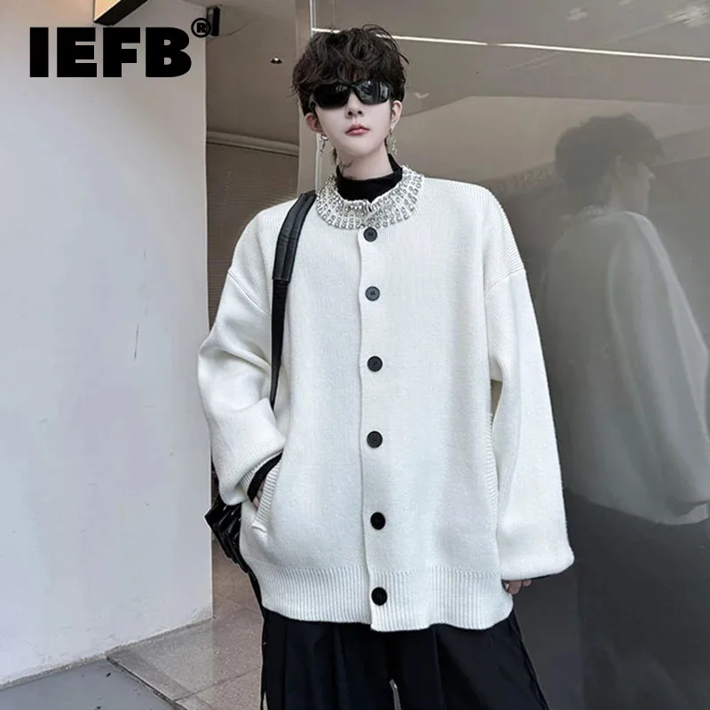 IEFB Niche Design Men's Cardigan Beading Round Collar Single Breasted Knitting Top Casual Solid Color Male Pullovers Chic 9C8226