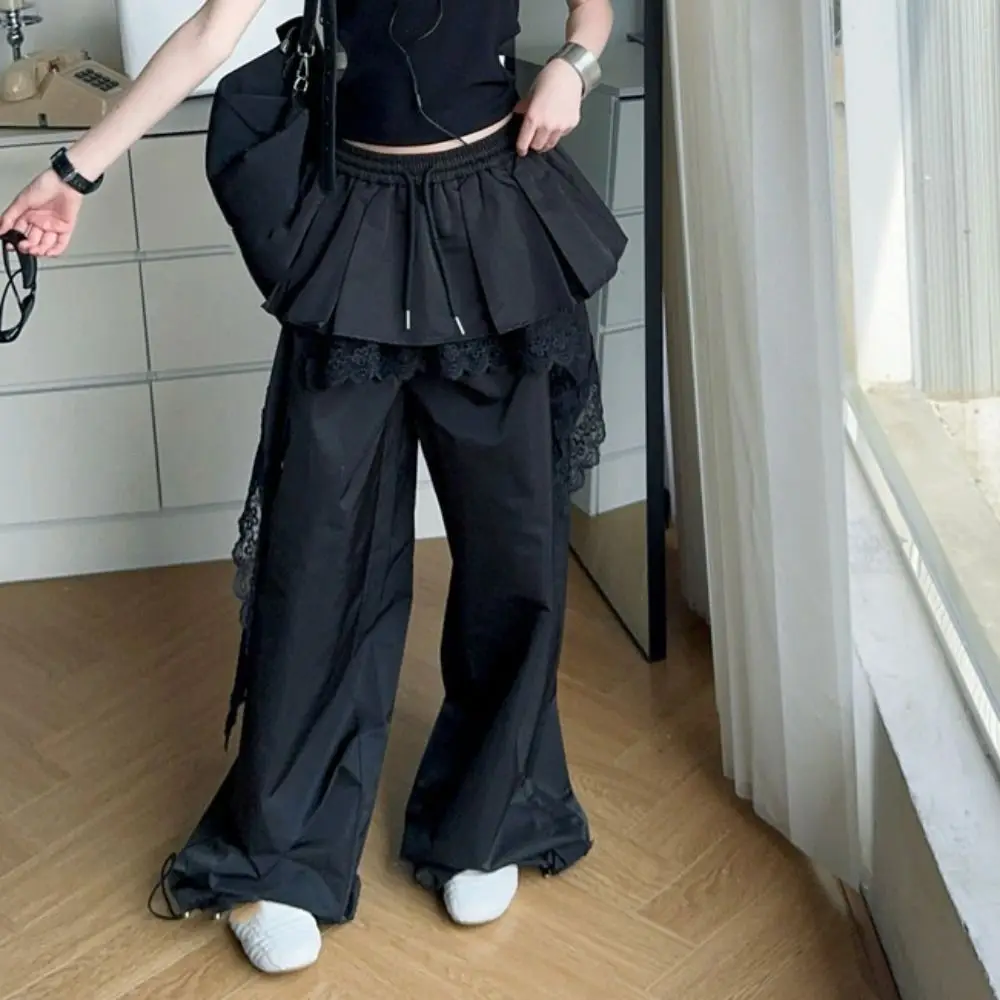 

Y2k Young Women Lace Patchwork Pants High Waist Hip Hop Lace Tiered Skirt Pants Drawstring Casual Wide Leg Trousers Girls