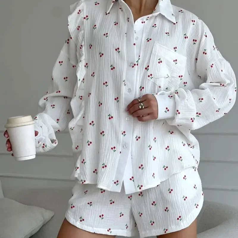 Women's Spring Autumn Cotton Printed Cardigan Ruffle Edges Comfortable Long Sleeved Loungewear Set Outdoor Pajama Floral L Size