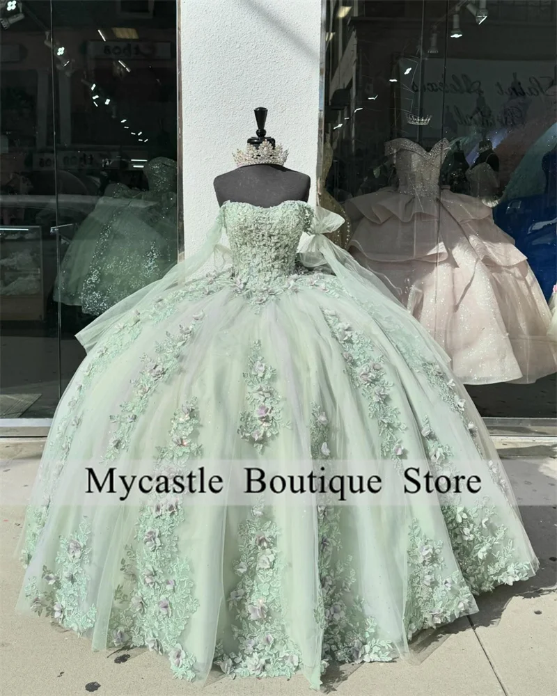 Vestido De baile De Princesa con Apliques De encaje verde, quinceañera, cuentas De lazo, dulce 15, 15 años, 2024